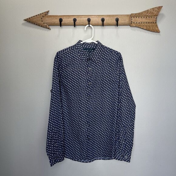 Perry Ellis | Slim Fit Blue Abstract Retro Floral Dot Long Sleeve Button Shirt L - Picture 1 of 5